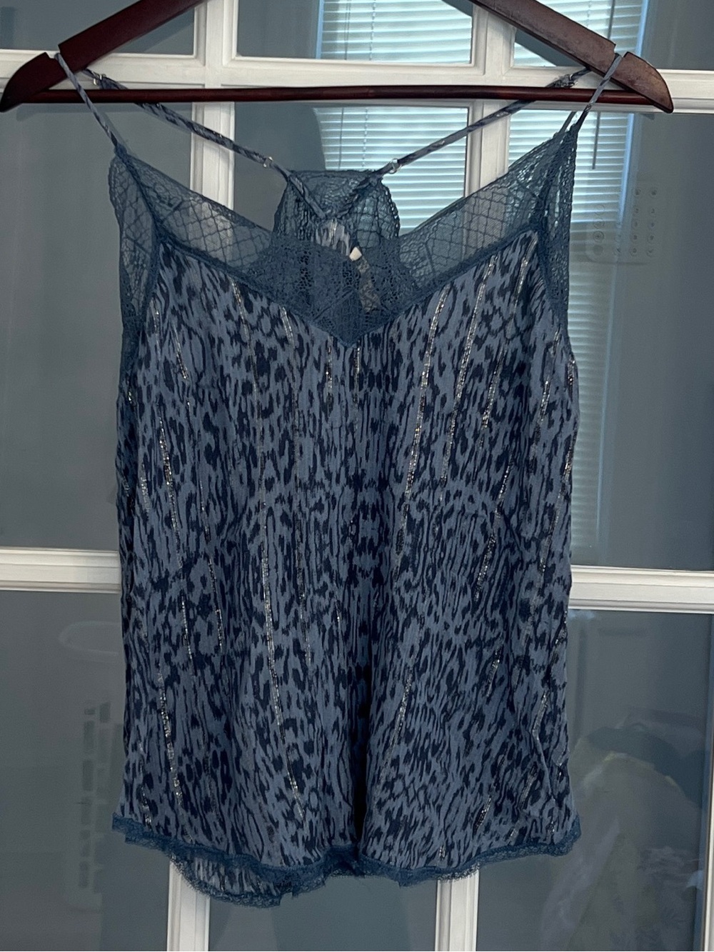 LOVESTITCH Women's Blue Animal Print Metallic Lace Trim Tank Top Size M